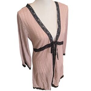 Vintage Pink Mesh Lace Robe Sheer Tie Front Cover Up M/L Whimsigoth Coquette